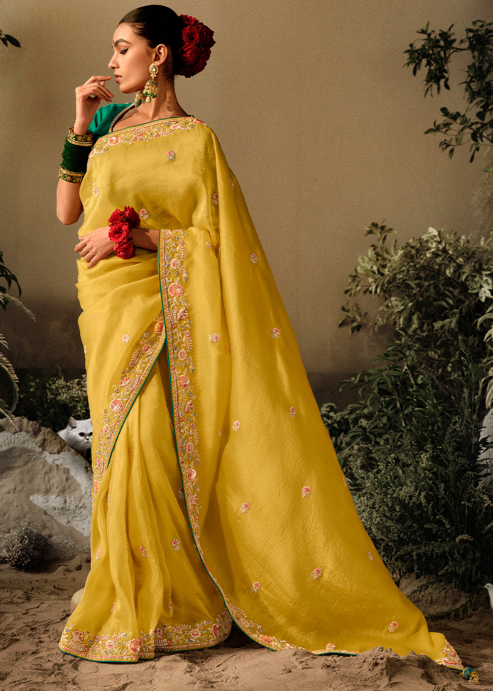 Buy MySilkLove Geebung Yellow Embroidery Designer Banarasi Dola Silk Saree Online