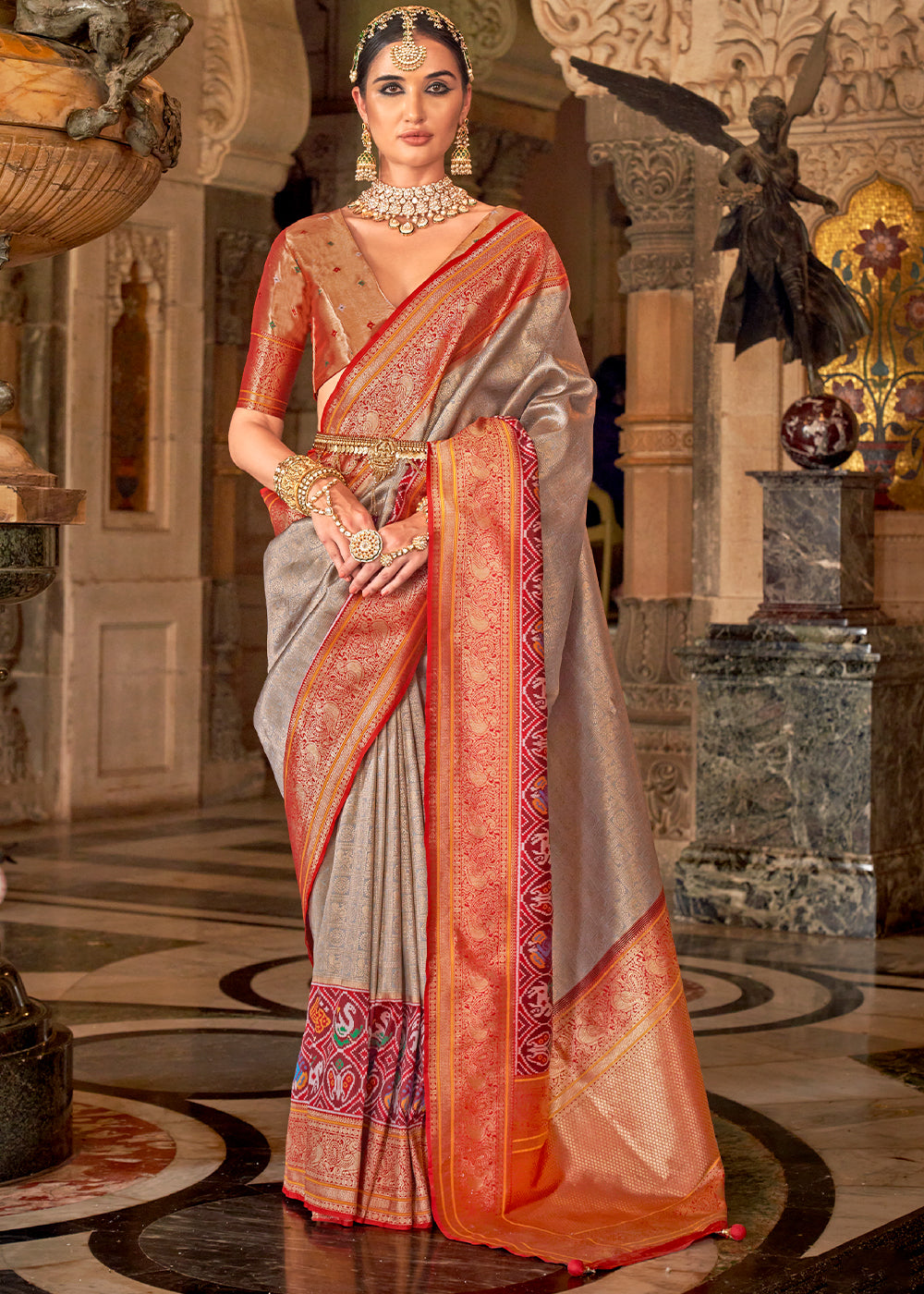 Buy MySilkLove Quicksand Grey Zari Woven Banarasi Meenkari Silk Saree Online