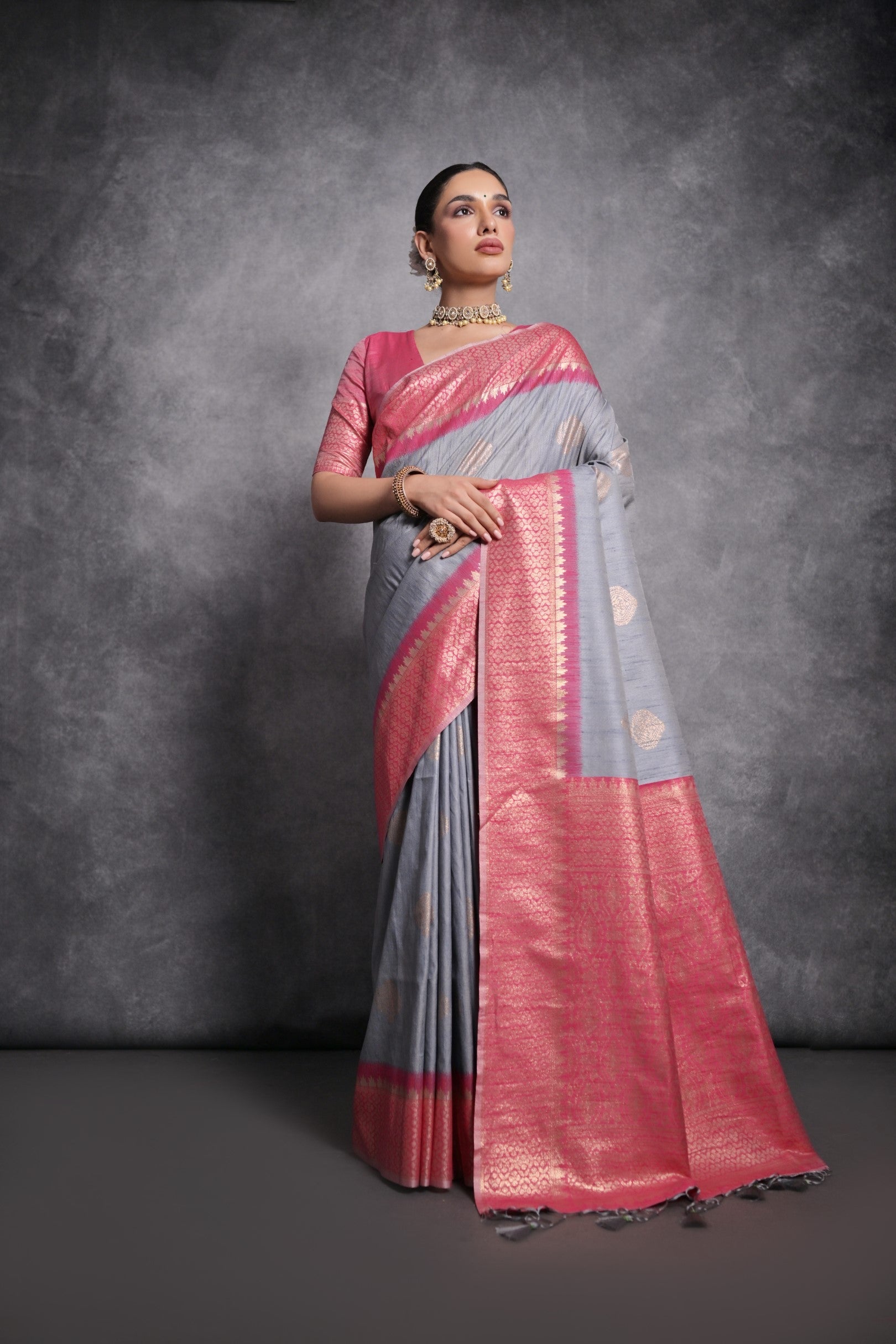 Buy MySilkLove Mountain Mist Grey Tussar Temple Border Silk Saree Online