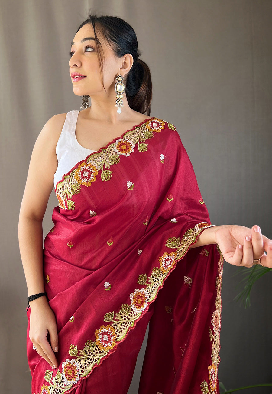 Buy MySilkLove Claret Maroon Embroidered Tussar Silk Saree Online