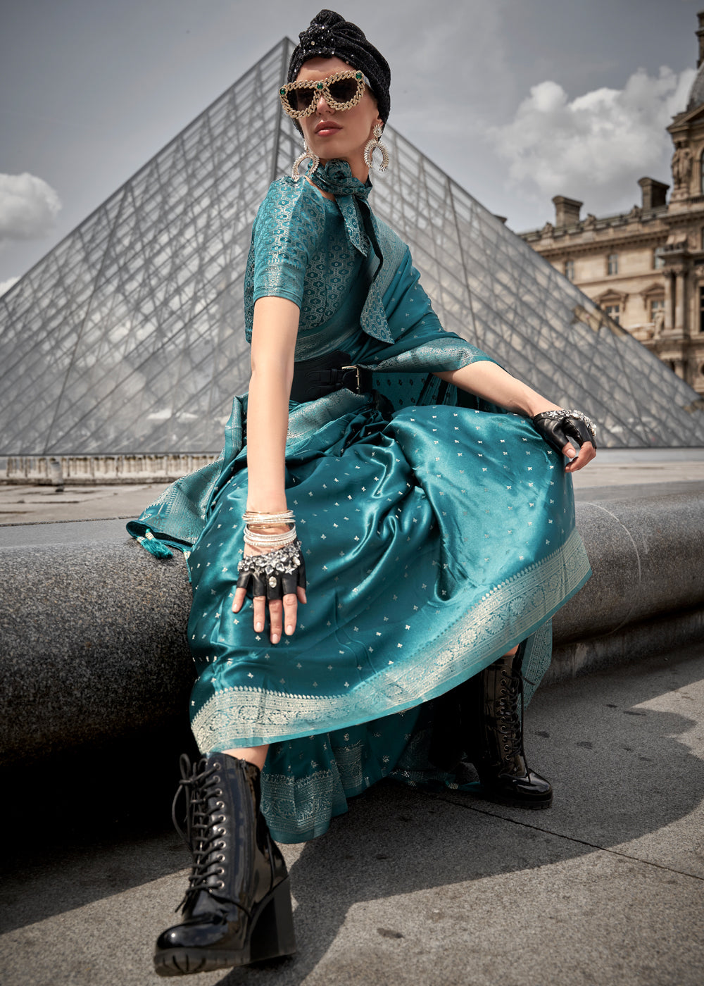 Buy MySilkLove Patina Blue Woven Banarasi Satin Silk Saree Online
