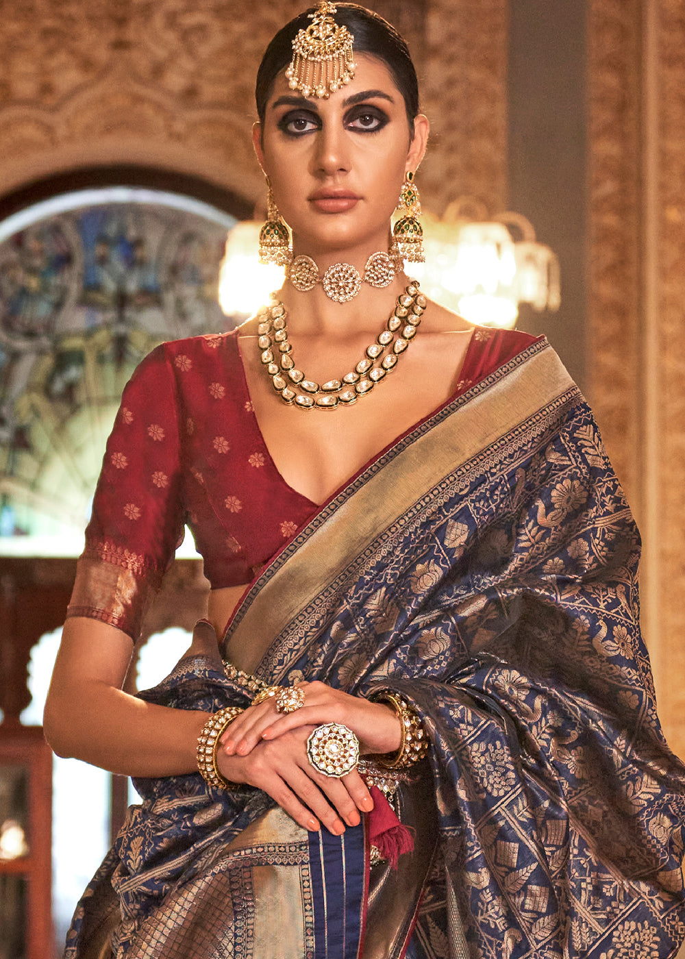 Buy MySilkLove Gun Powder Blue Woven Patola Silk Saree Online