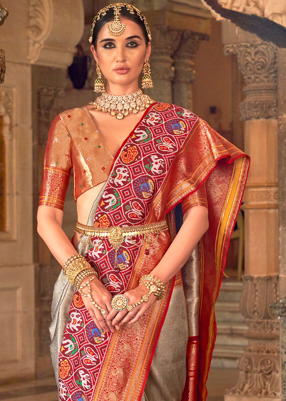 Buy MySilkLove Quicksand Grey Zari Woven Banarasi Meenkari Silk Saree Online
