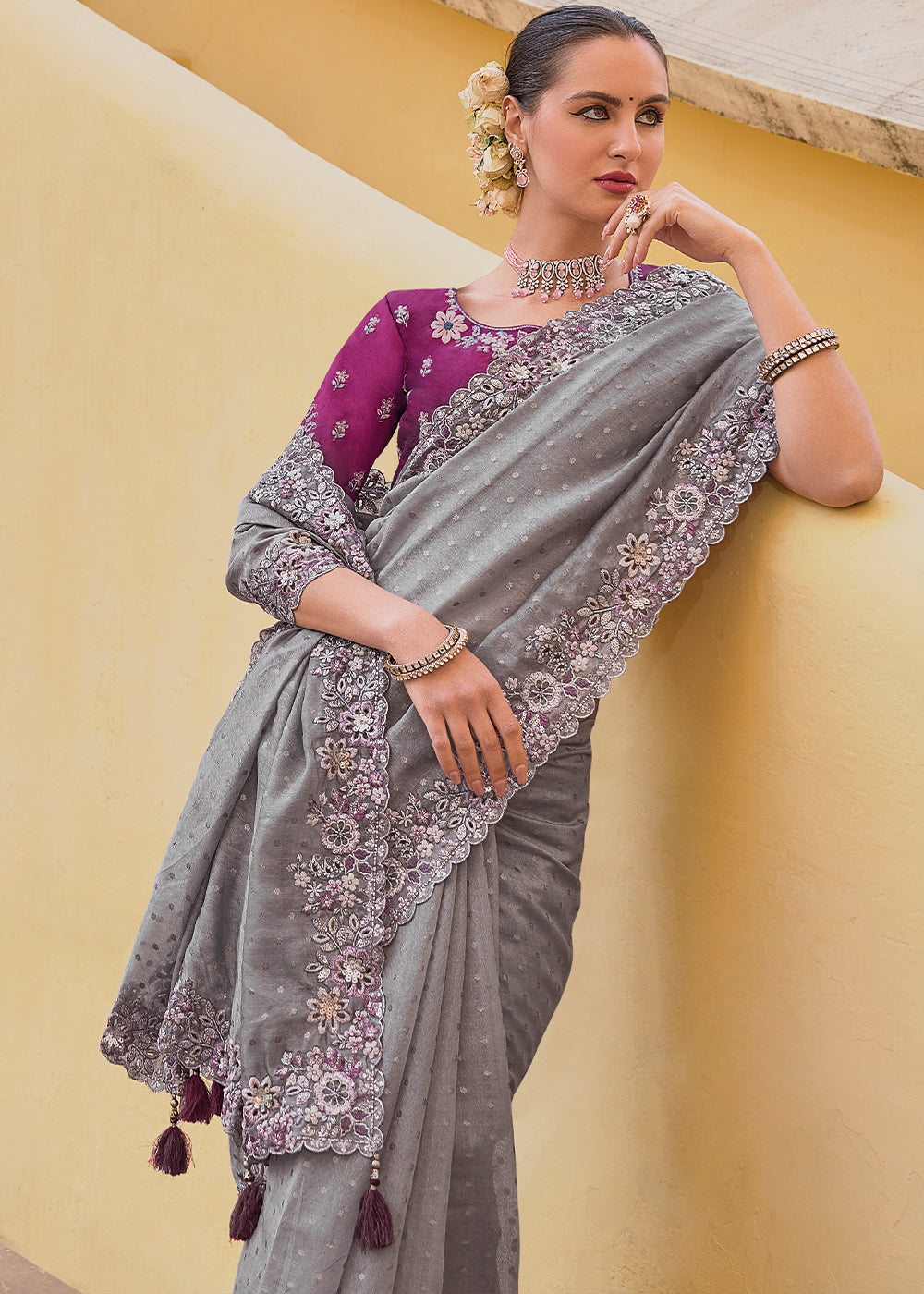 MySilkLove Hurricane Grey Tissue Organza Embroidered Silk Saree