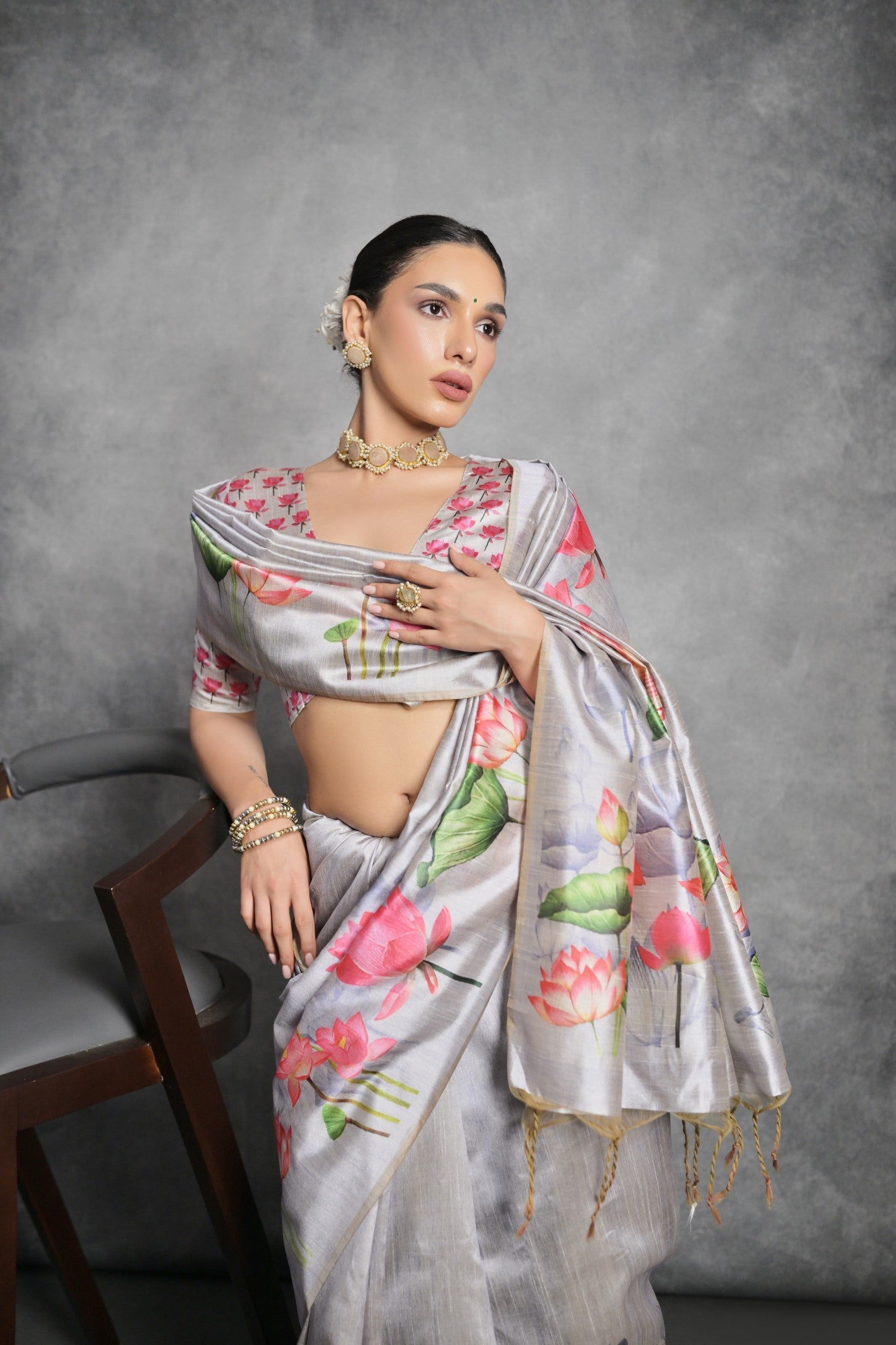 Buy MySilkLove Pale Slate Grey Floral Printed Tussar Silk Saree Online