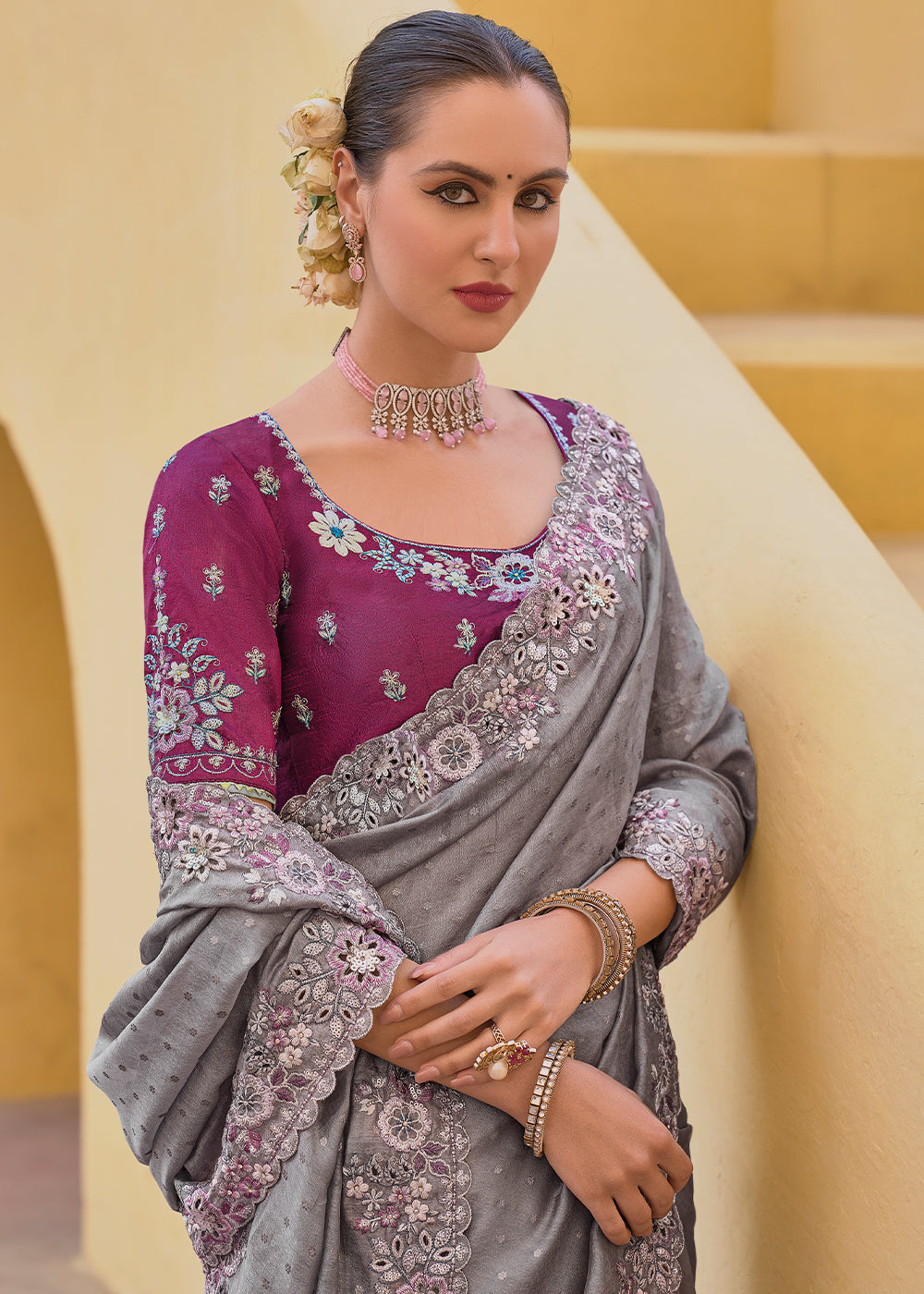 Buy MySilkLove Hurricane Grey Tissue Organza Embroidered Silk Saree Online