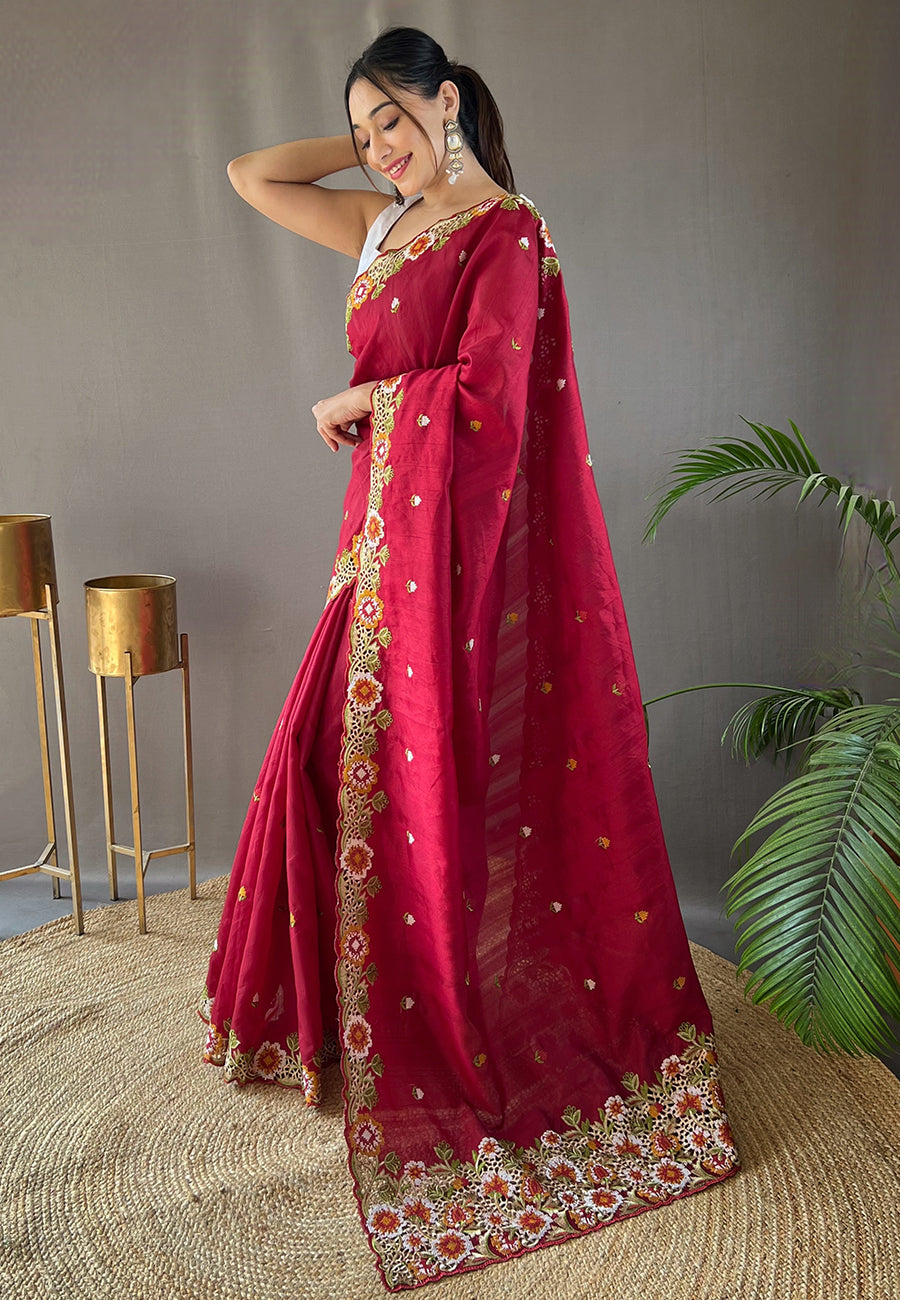 Buy MySilkLove Claret Maroon Embroidered Tussar Silk Saree Online