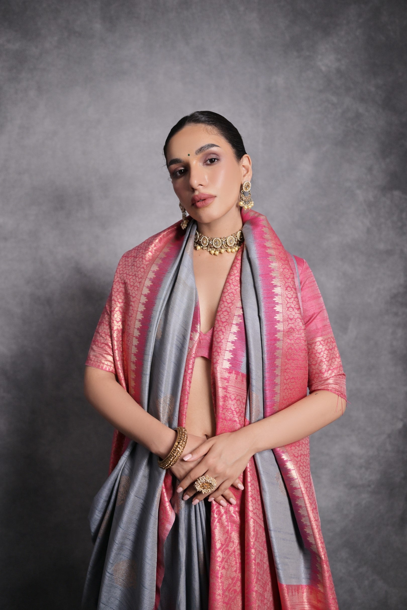 Buy MySilkLove Mountain Mist Grey Tussar Temple Border Silk Saree Online