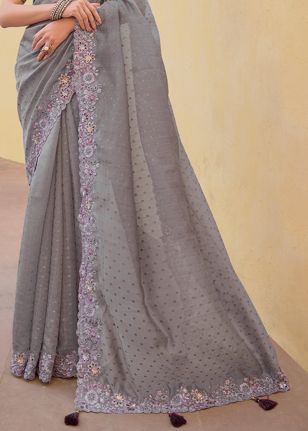 Buy MySilkLove Hurricane Grey Tissue Organza Embroidered Silk Saree Online
