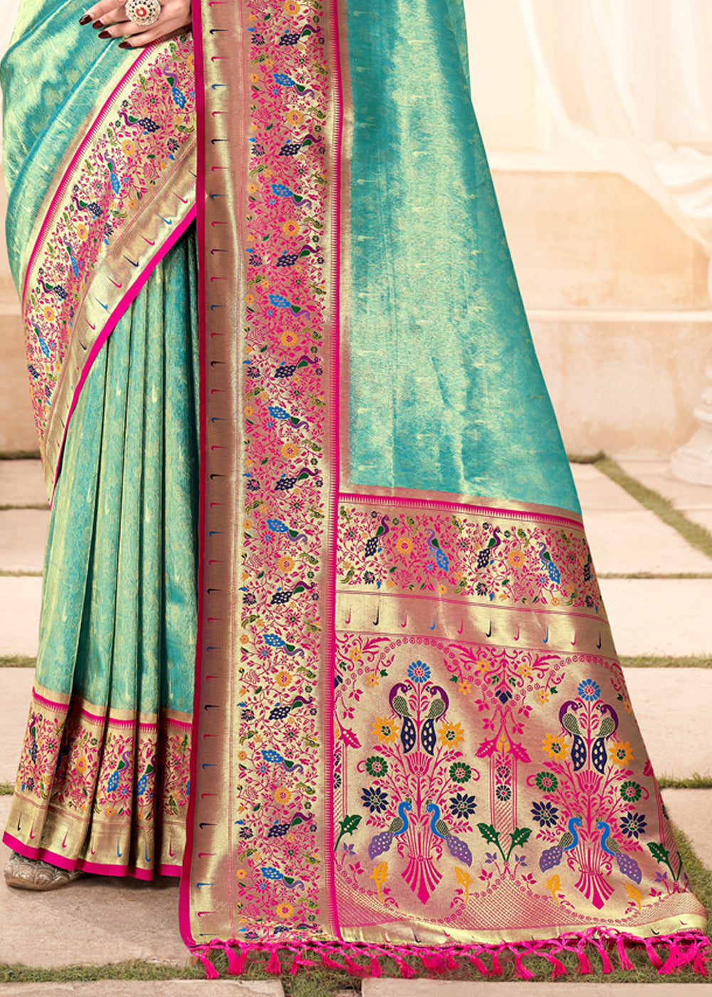 Buy MySilkLove Summer Green Woven Paithani Tissue Silk Saree Online