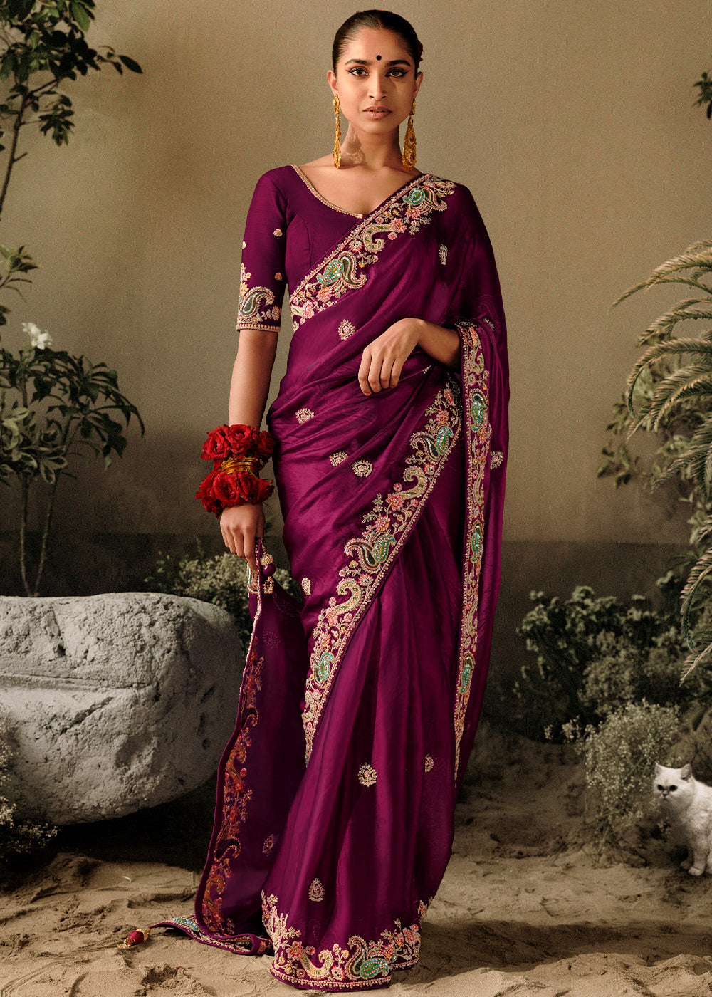 Buy MySilkLove Claret Purple Embroidery Designer Banarasi Dola Silk Saree Online