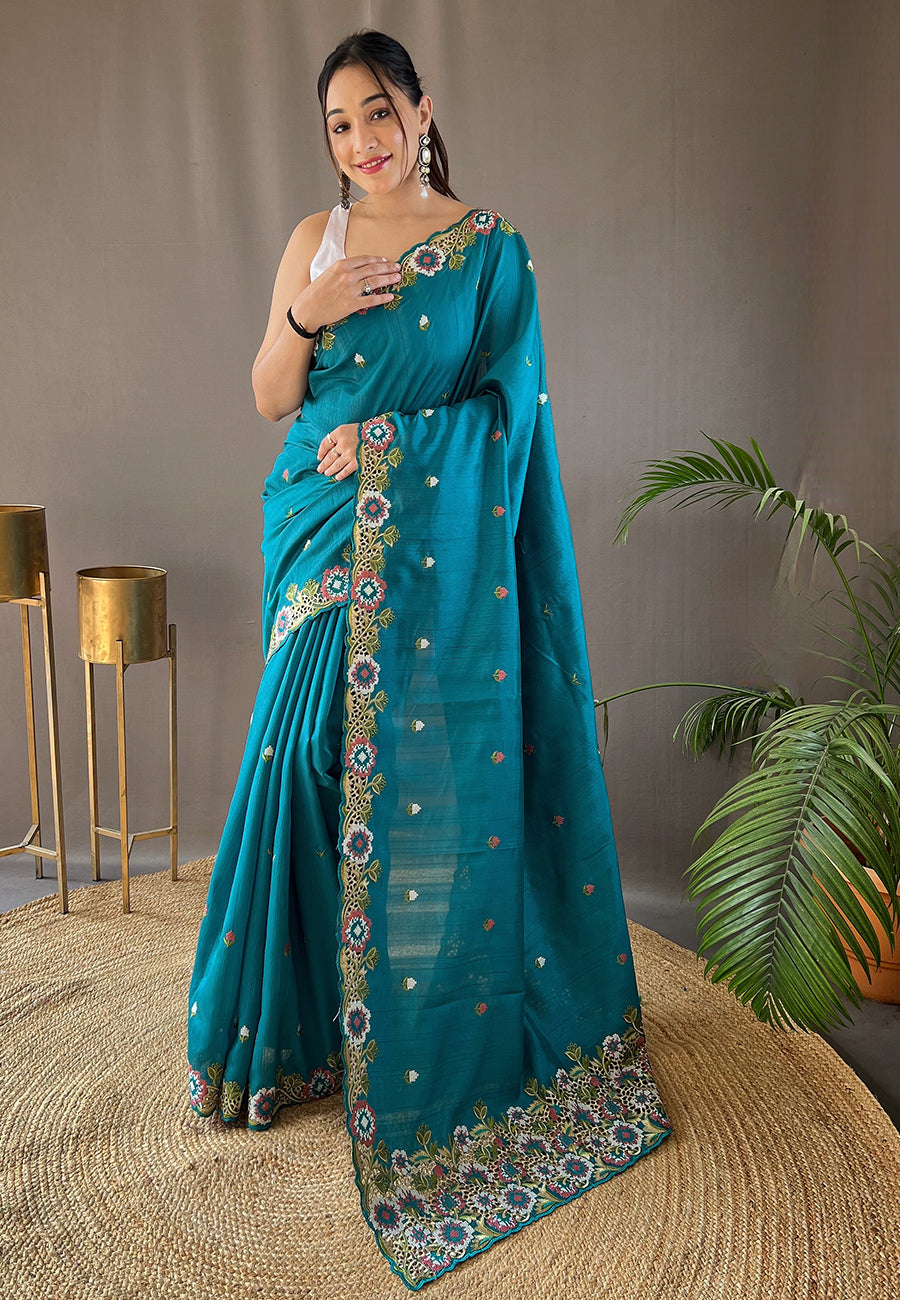 Buy MySilkLove Pacific Blue Embroidered Tussar Silk Saree Online