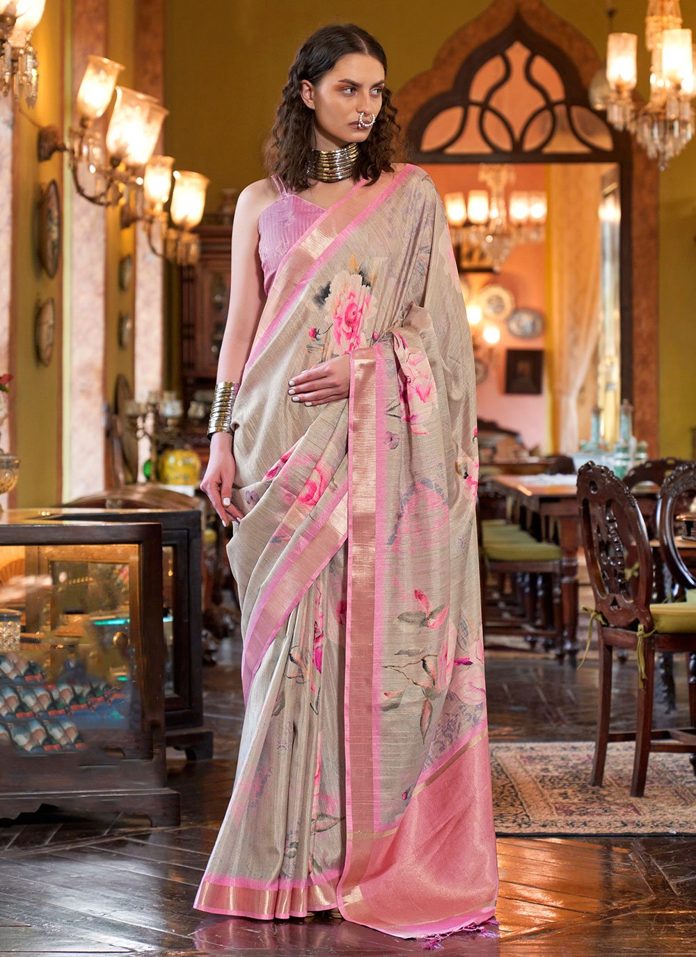 Buy MySilkLove Sea Pink Banarasi Floral Printed Saree Online