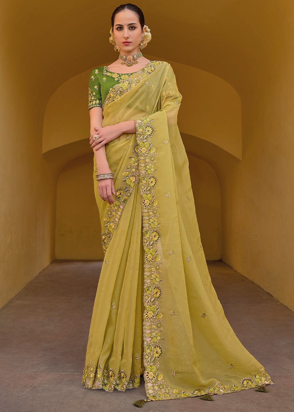 Buy MySilkLove Husk Yellow Tissue Organza Embroidered Silk Saree Online