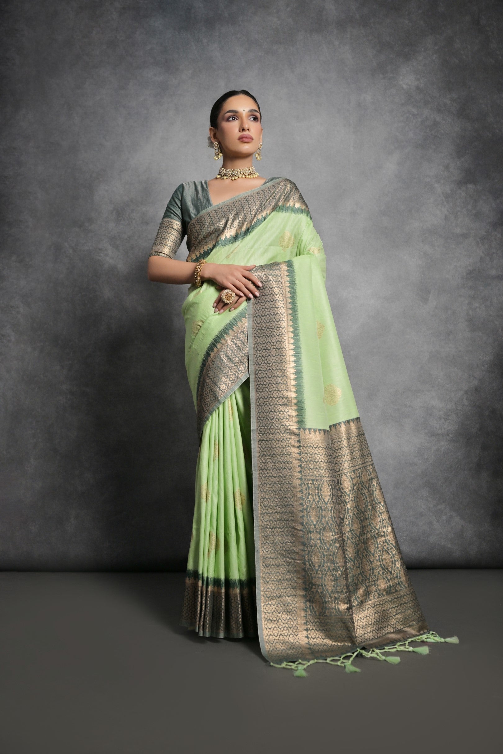 Buy MySilkLove Coriander Green Tussar Temple Border Silk Saree Online