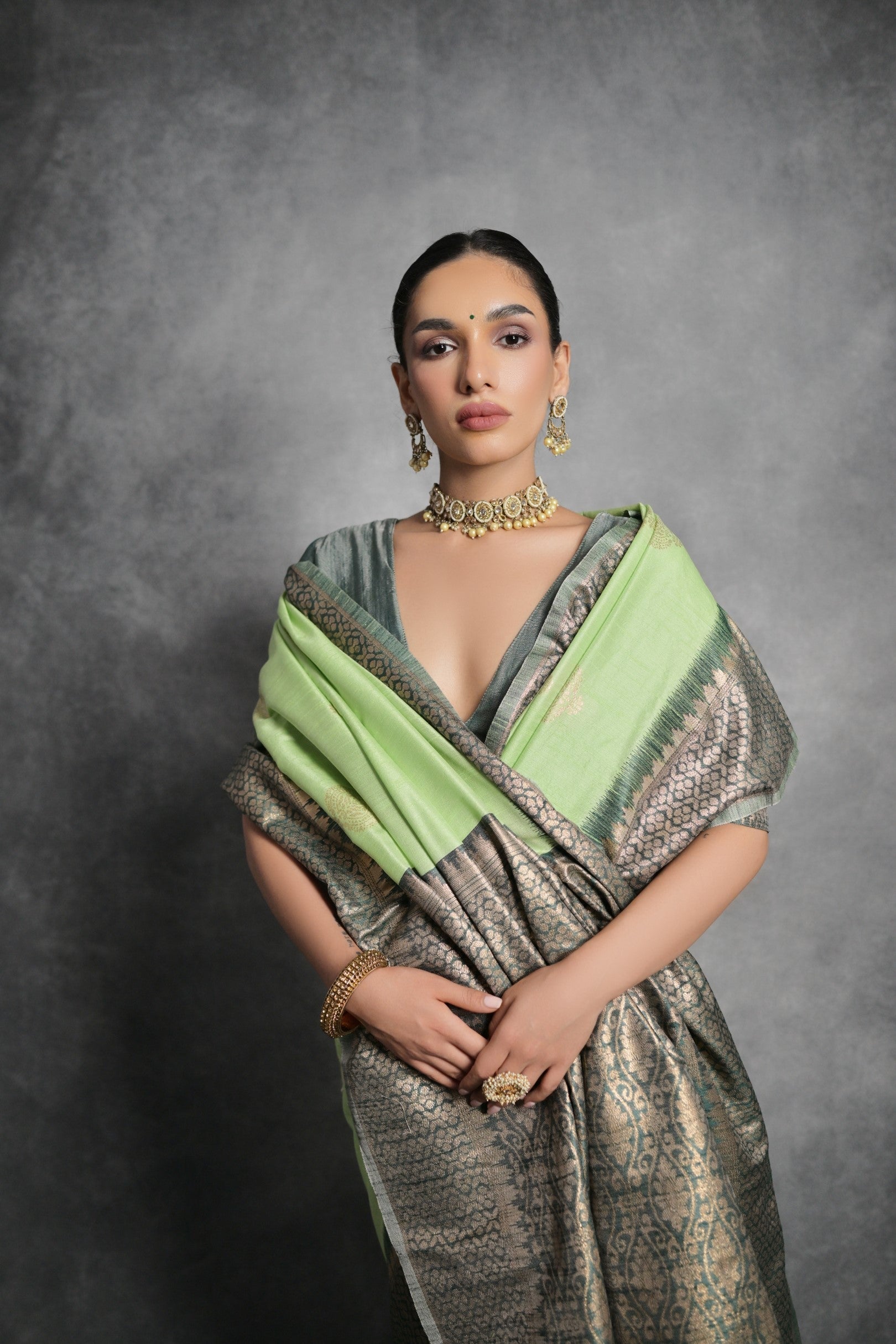 Buy MySilkLove Coriander Green Tussar Temple Border Silk Saree Online