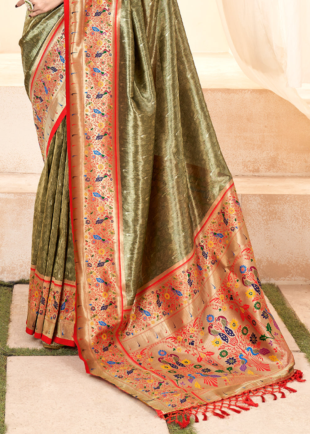 Buy MySilkLove Limed Oak Green Woven Paithani Tissue Silk Saree Online