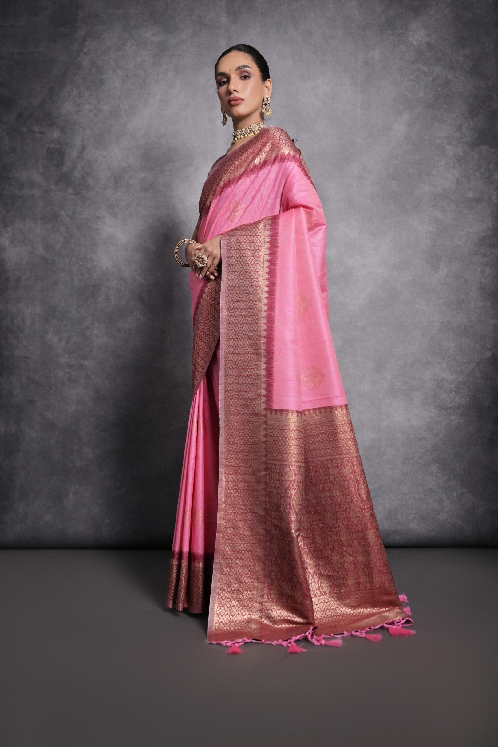 Buy MySilkLove Shocking Pink Tussar Temple Border Silk Saree Online