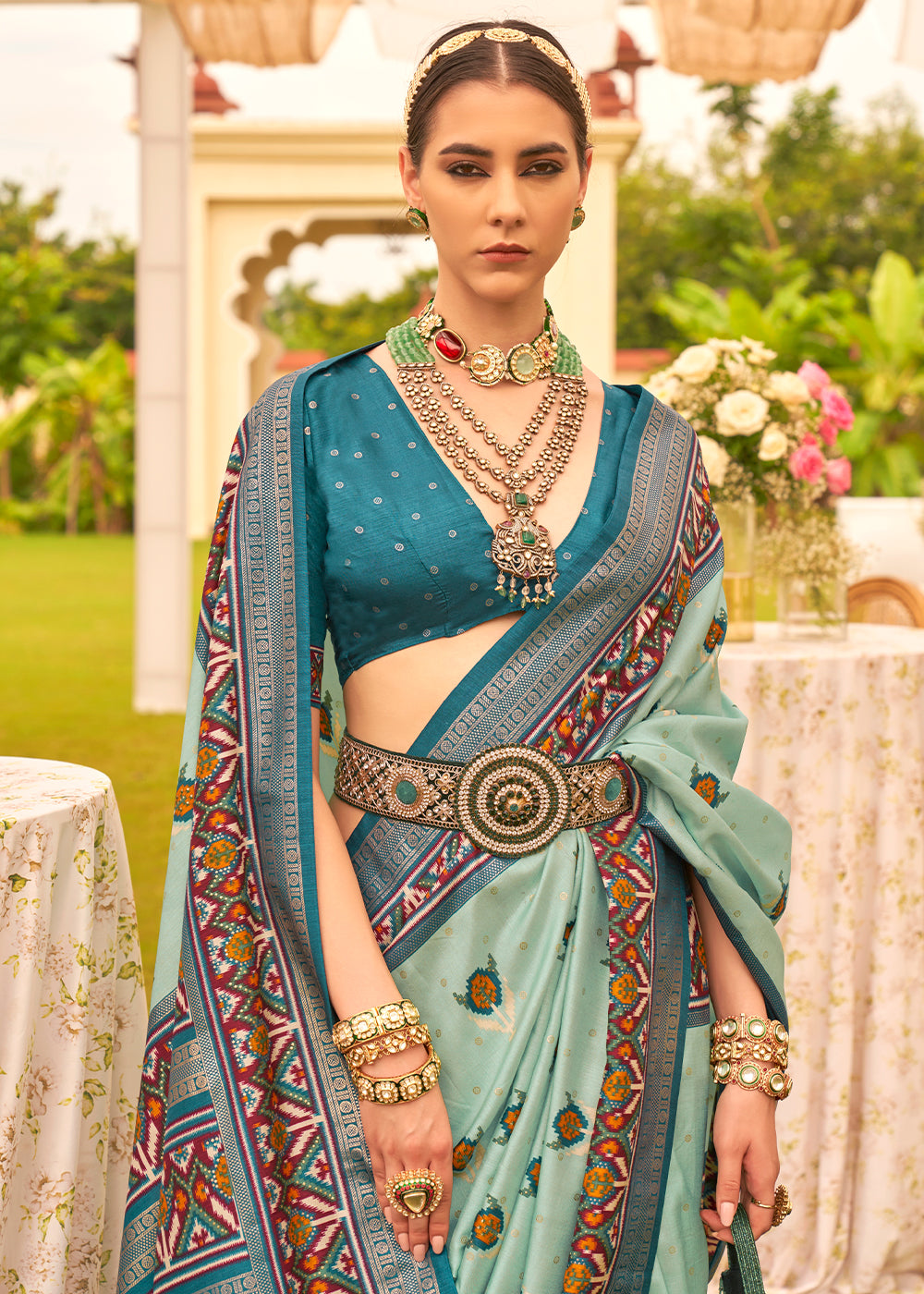 Buy MySilkLove Envy Blue Printed Patola Designer Silk Saree Online