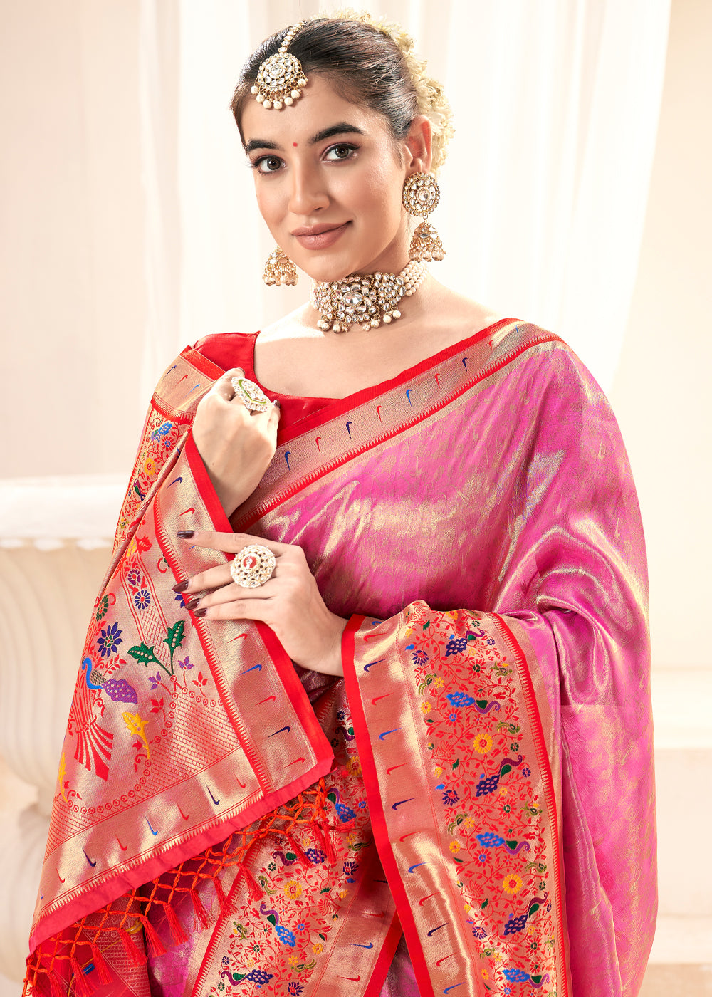 MySilkLove Chestnut Rose Pink Woven Paithani Tissue Silk Saree