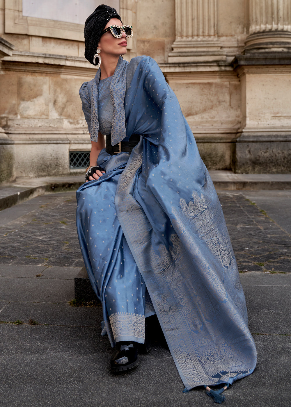 Buy MySilkLove Horizon Blue Woven Banarasi Satin Silk Saree Online