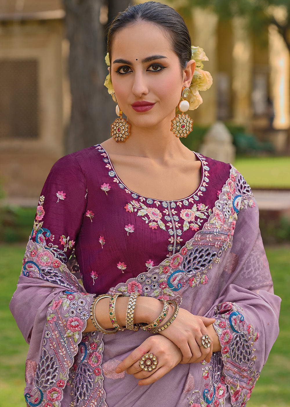 Buy MySilkLove Falcon Purple Tissue Organza Embroidered Silk Saree Online