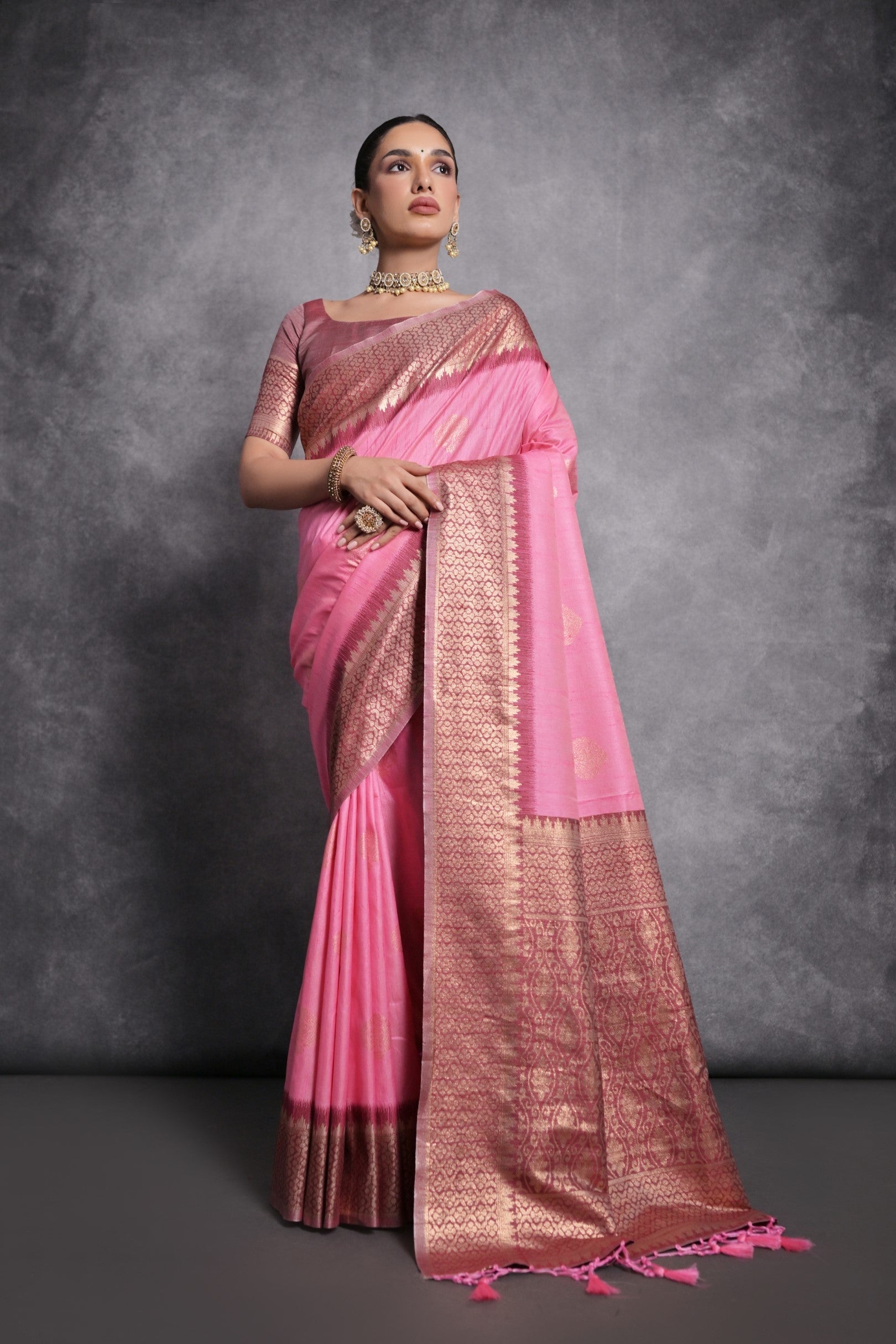 MySilkLove Shocking Pink Tussar Temple Border Silk Saree