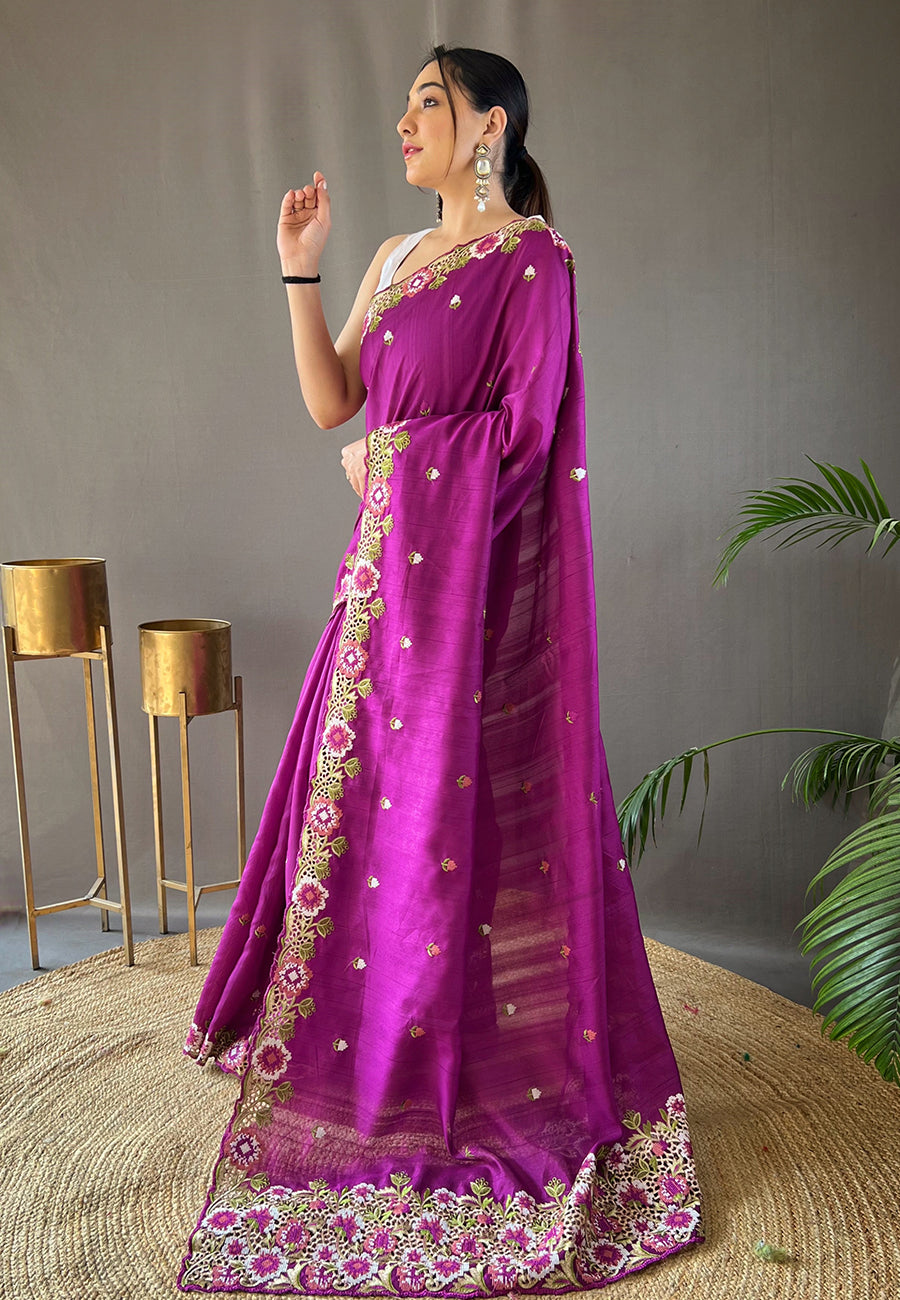 Buy MySilkLove Mulberry Wood Purple Embroidered Tussar Silk Saree Online