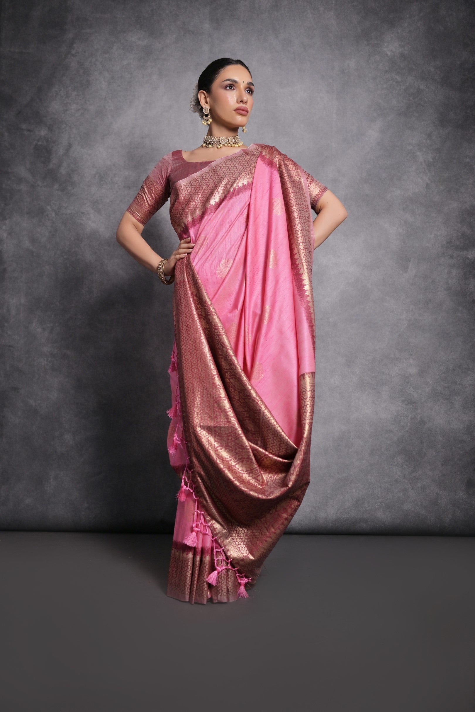 Buy MySilkLove Shocking Pink Tussar Temple Border Silk Saree Online