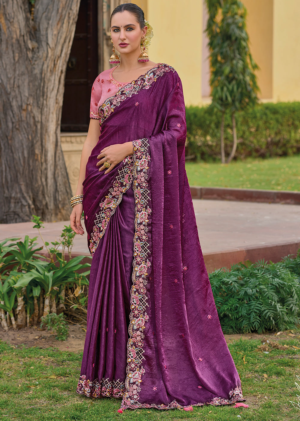 Buy MySilkLove Cosmic Purple Tissue Organza Embroidered Silk Saree Online