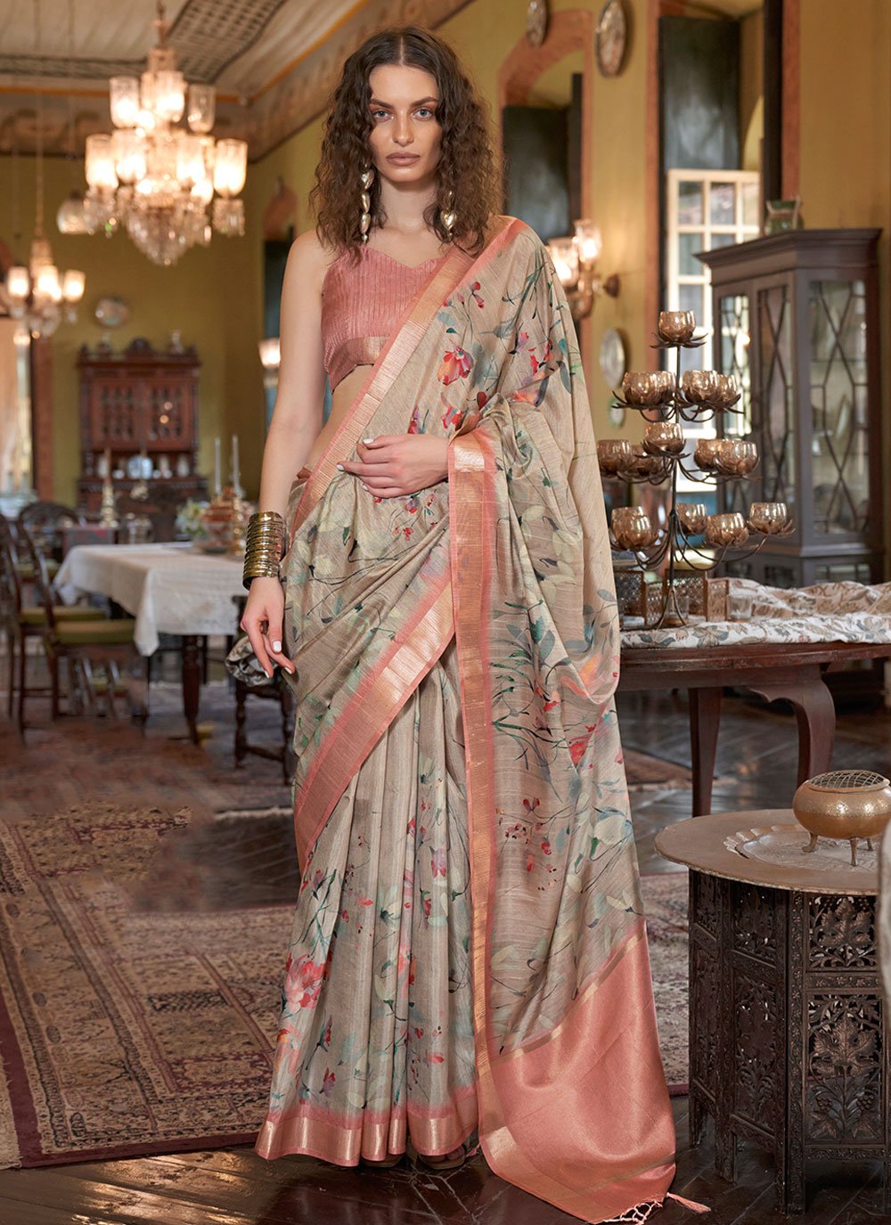 Buy MySilkLove Stonewall Brown and Peach Banarasi Floral Printed Saree Online