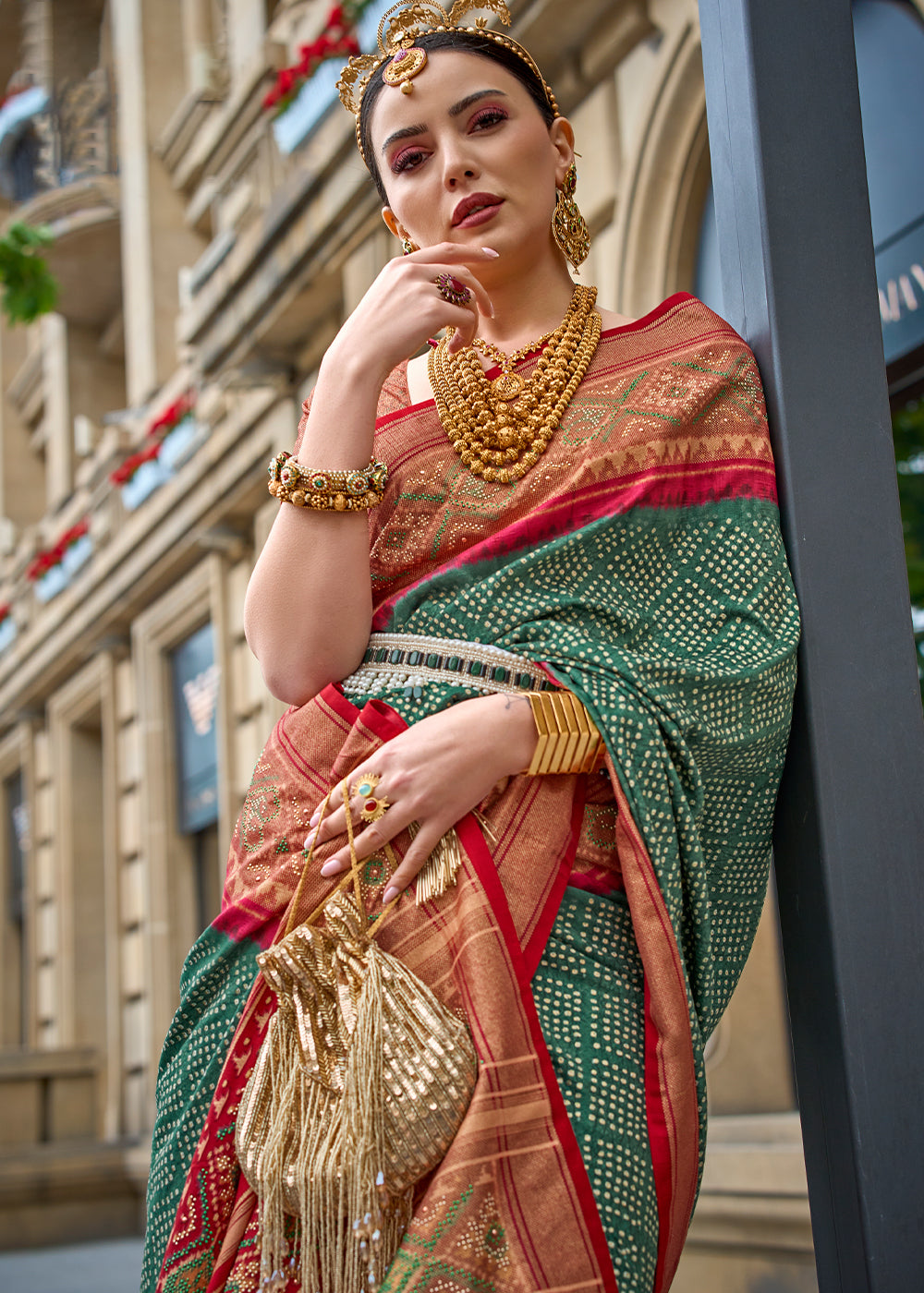Buy MySilkLove Gable Green and Red Printed Patola Silk Saree Online