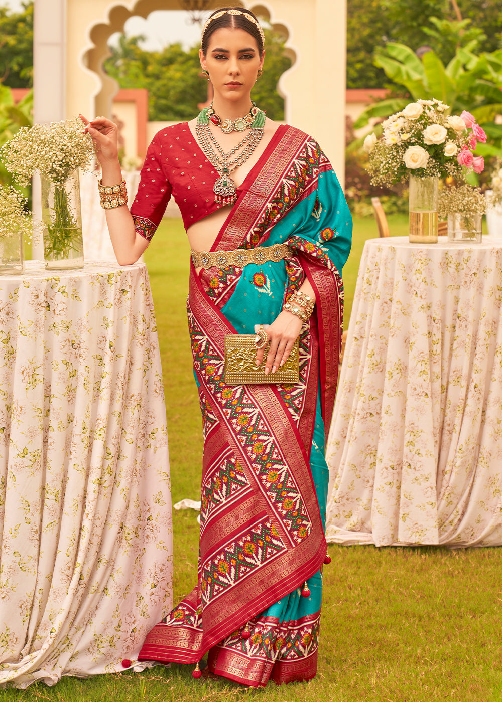 Buy MySilkLove Malachite Blue Printed Patola Designer Silk Saree Online