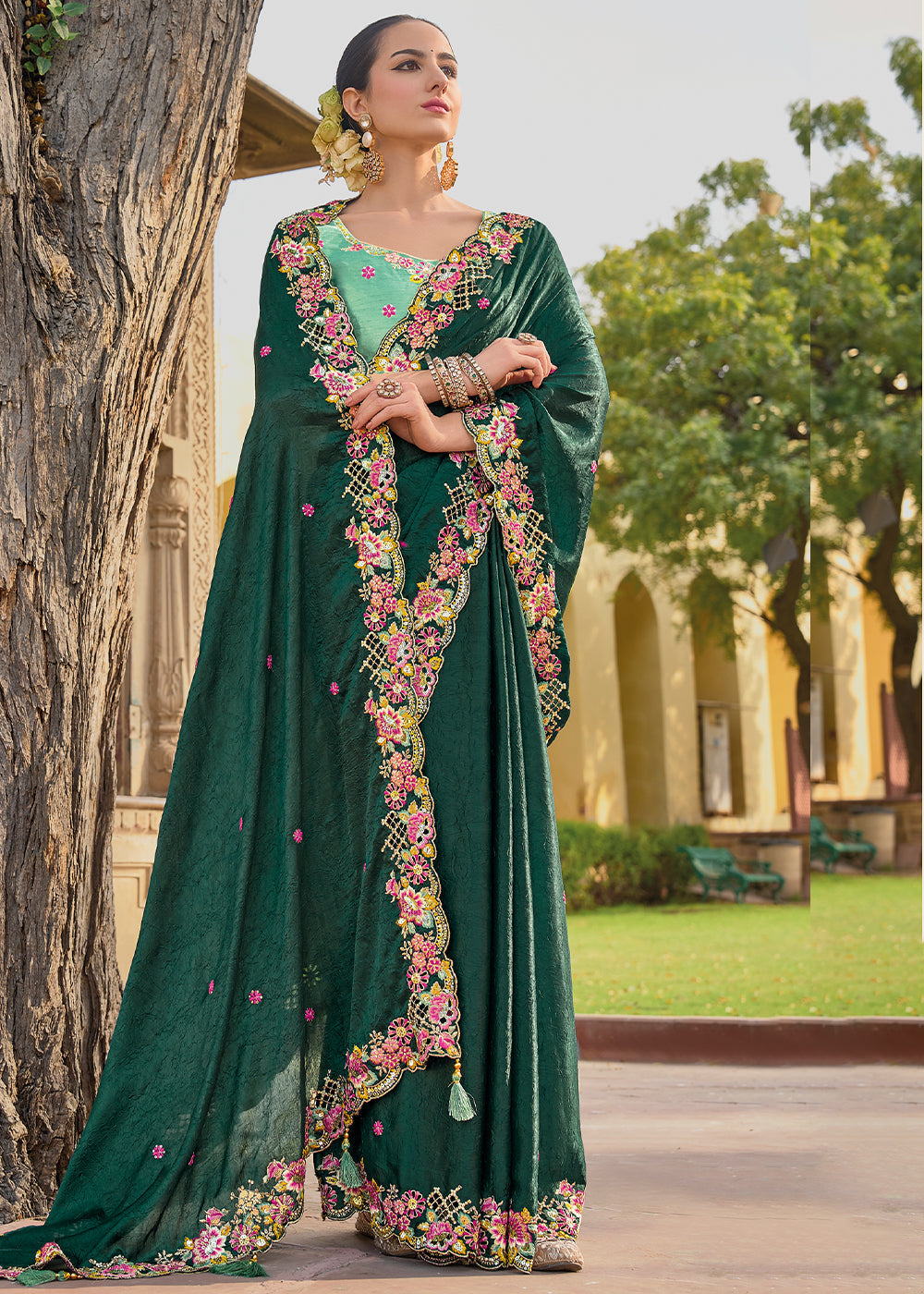 Buy MySilkLove Bottle Green Tissue Organza Embroidered Silk Saree Online