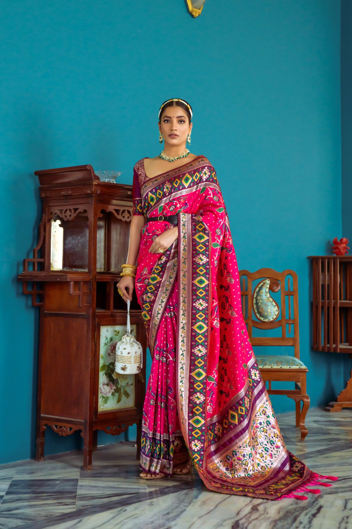 Buy MySilkLove Barbie Pink Patola Fusion Paithani Silk Saree Online