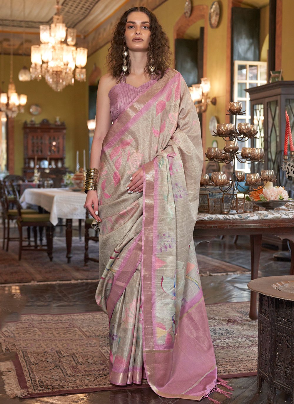 Buy MySilkLove Pink Pearl Banarasi Floral Printed Saree Online