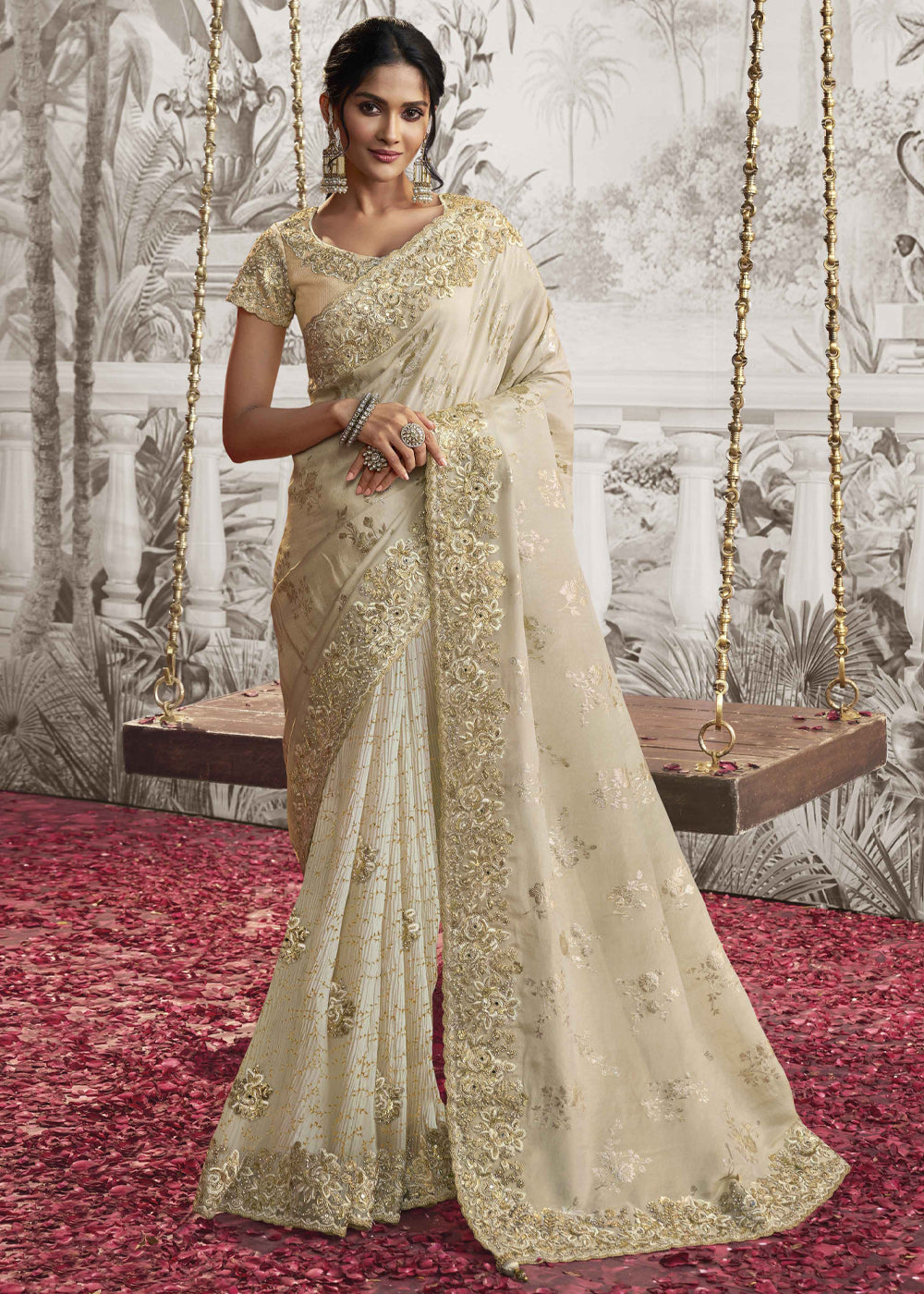 Buy MySilkLove Linen White Embroidered Designer Silk Saree Online