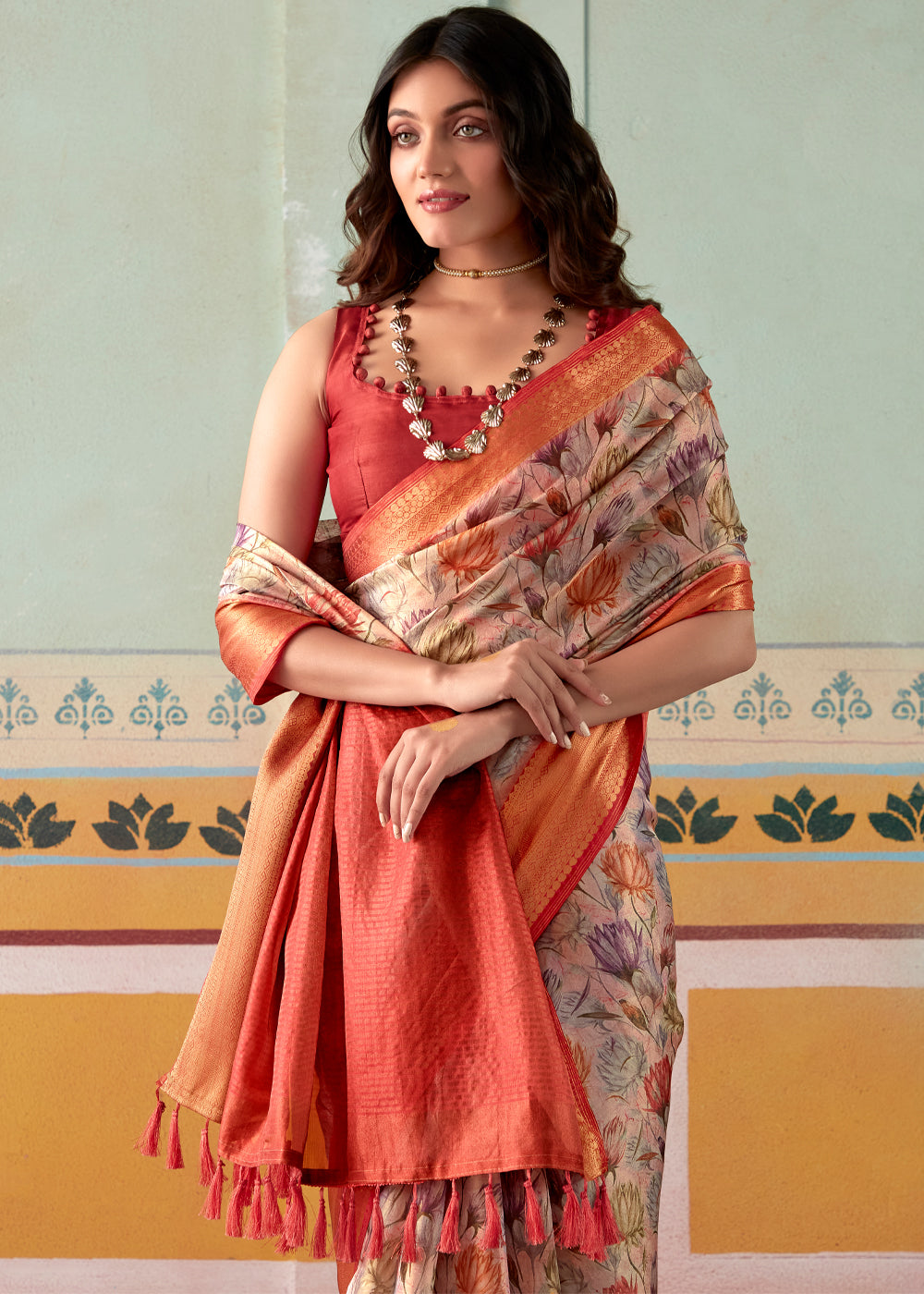 Buy MySilkLove Rose Bud Pink and Red Banarasi Tissue Silk Saree Online