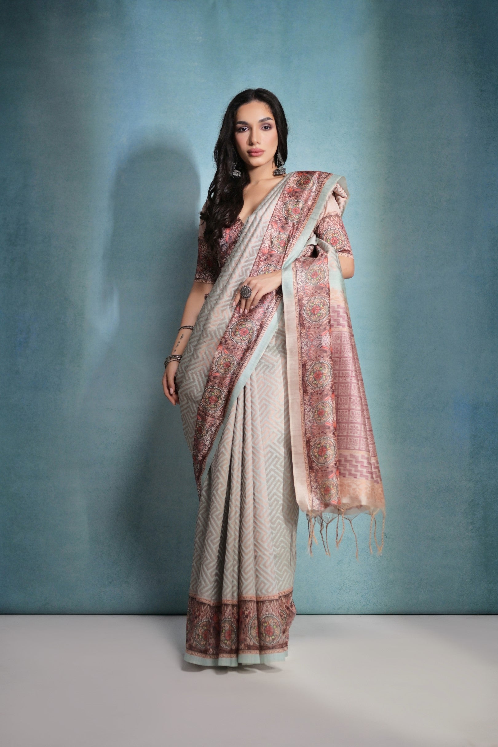 Buy MySilkLove Geyser Grey Shade Cotton Kalamkari Silk Saree Online