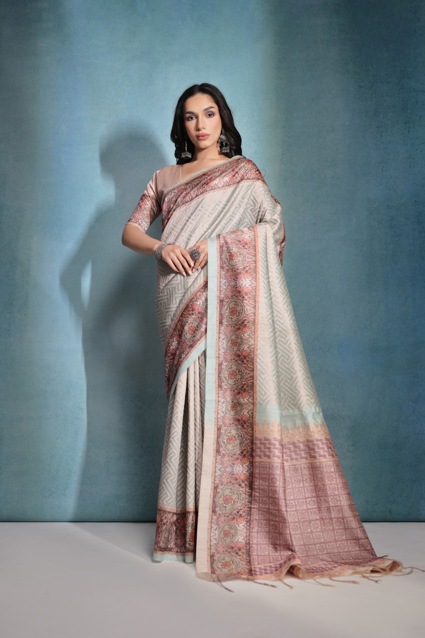 Buy MySilkLove Geyser Grey Shade Cotton Kalamkari Silk Saree Online