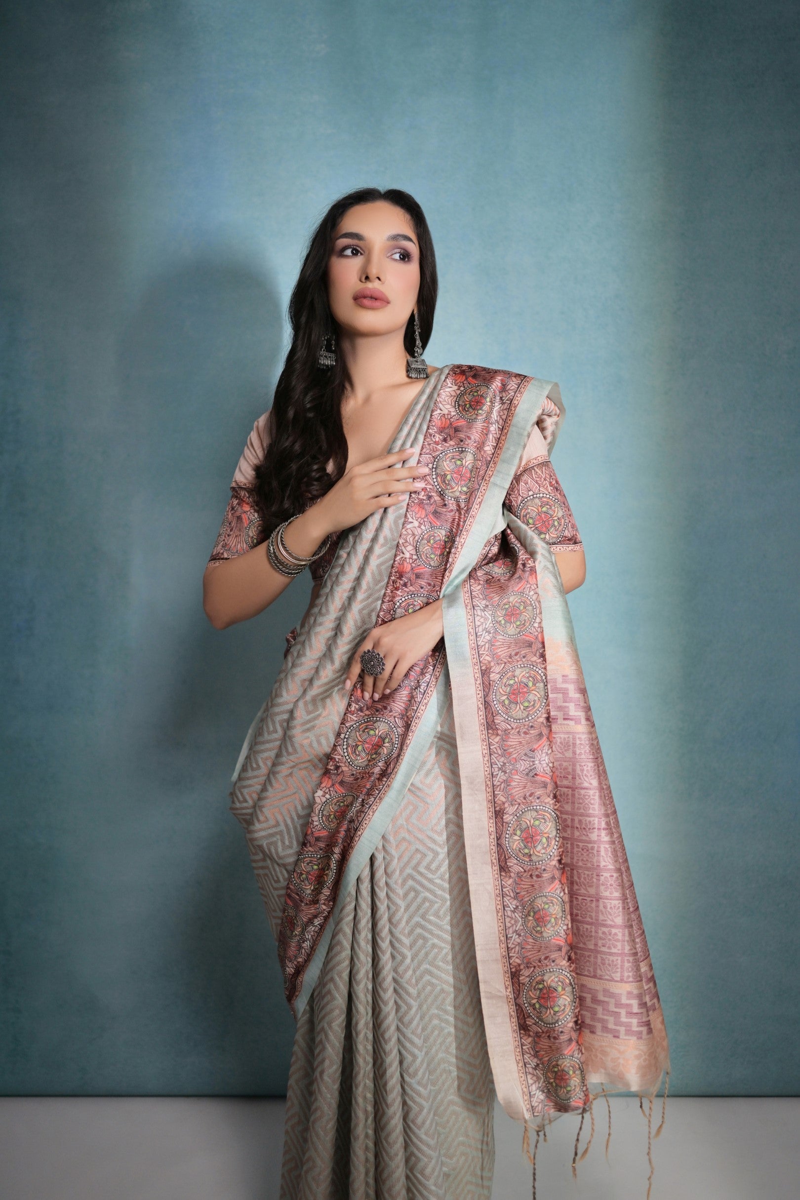 Buy MySilkLove Geyser Grey Shade Cotton Kalamkari Silk Saree Online