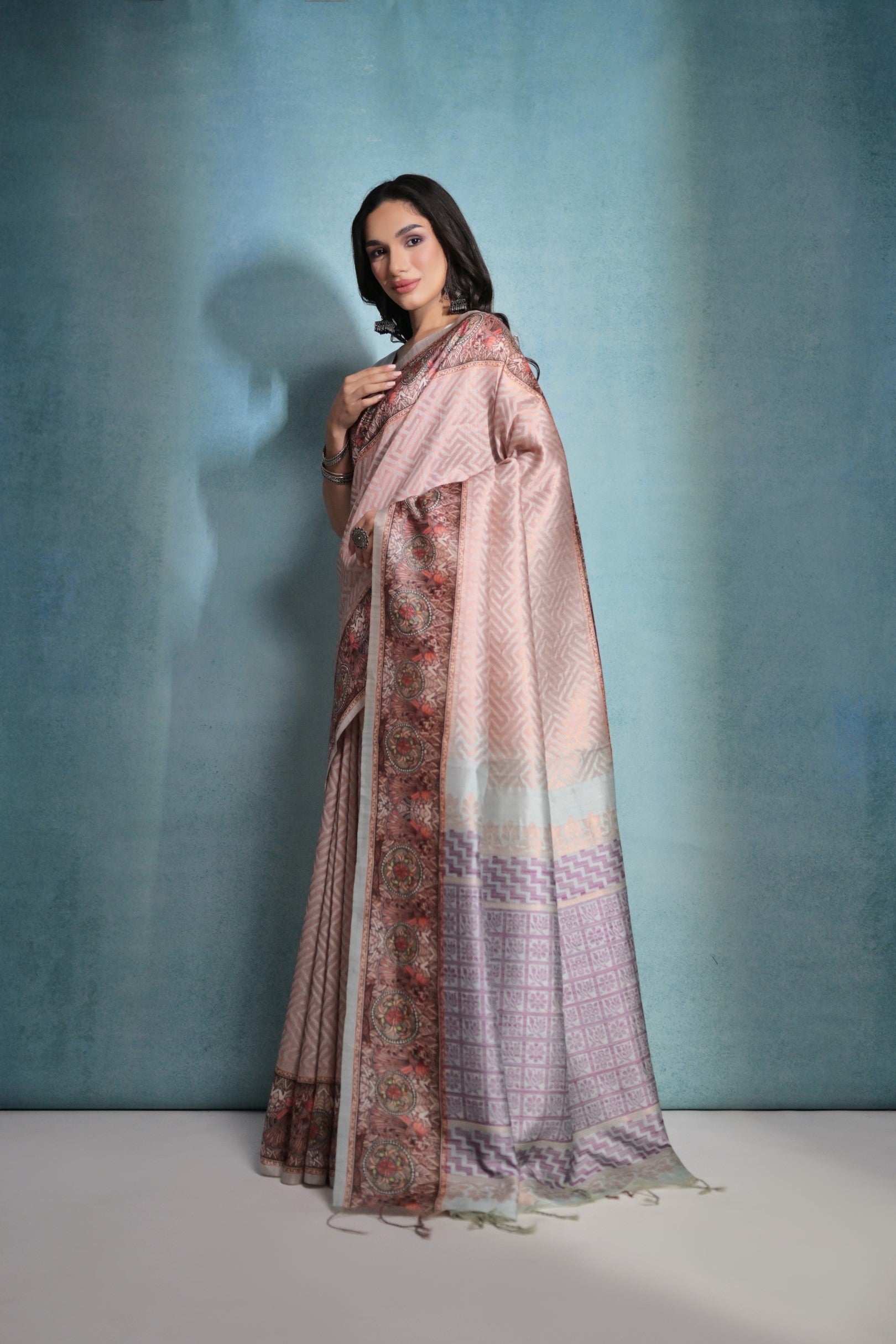 Buy MySilkLove Clam Shell Pink Shade Cotton Kalamkari Silk Saree Online