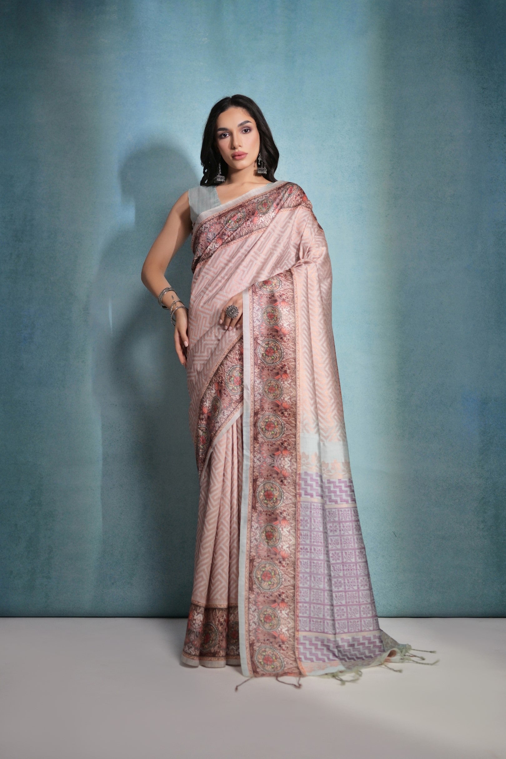 Buy MySilkLove Clam Shell Pink Shade Cotton Kalamkari Silk Saree Online