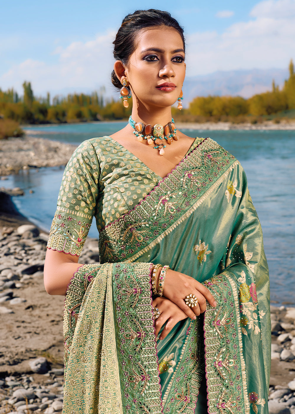 Buy MySilkLove Camouflage Green Zari Woven Embroidery Designer Banarasi Saree Online