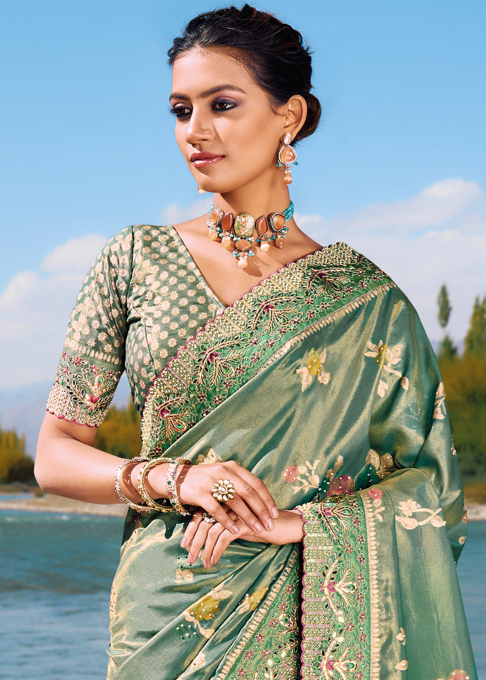 Buy MySilkLove Camouflage Green Zari Woven Embroidery Designer Banarasi Saree Online