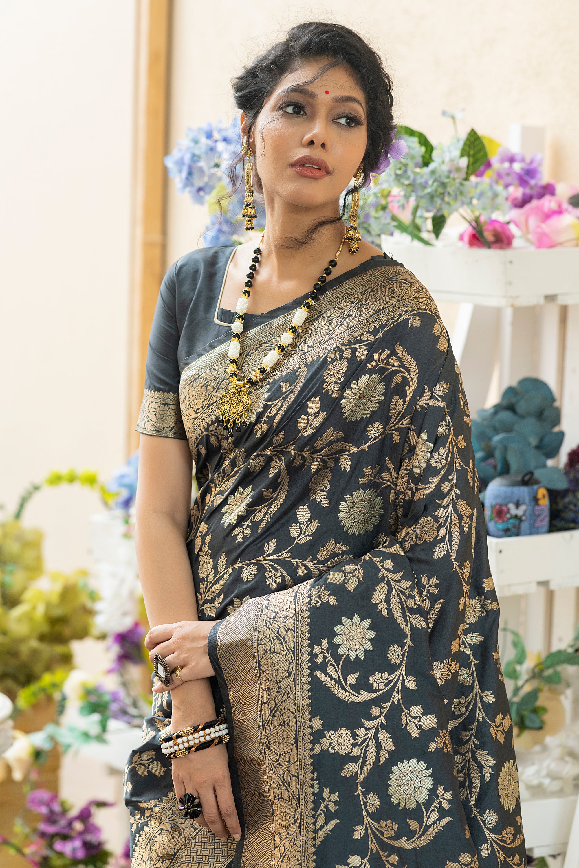 Buy MySilkLove Cabbage Pont Grey Woven Banarasi Silk Saree Online