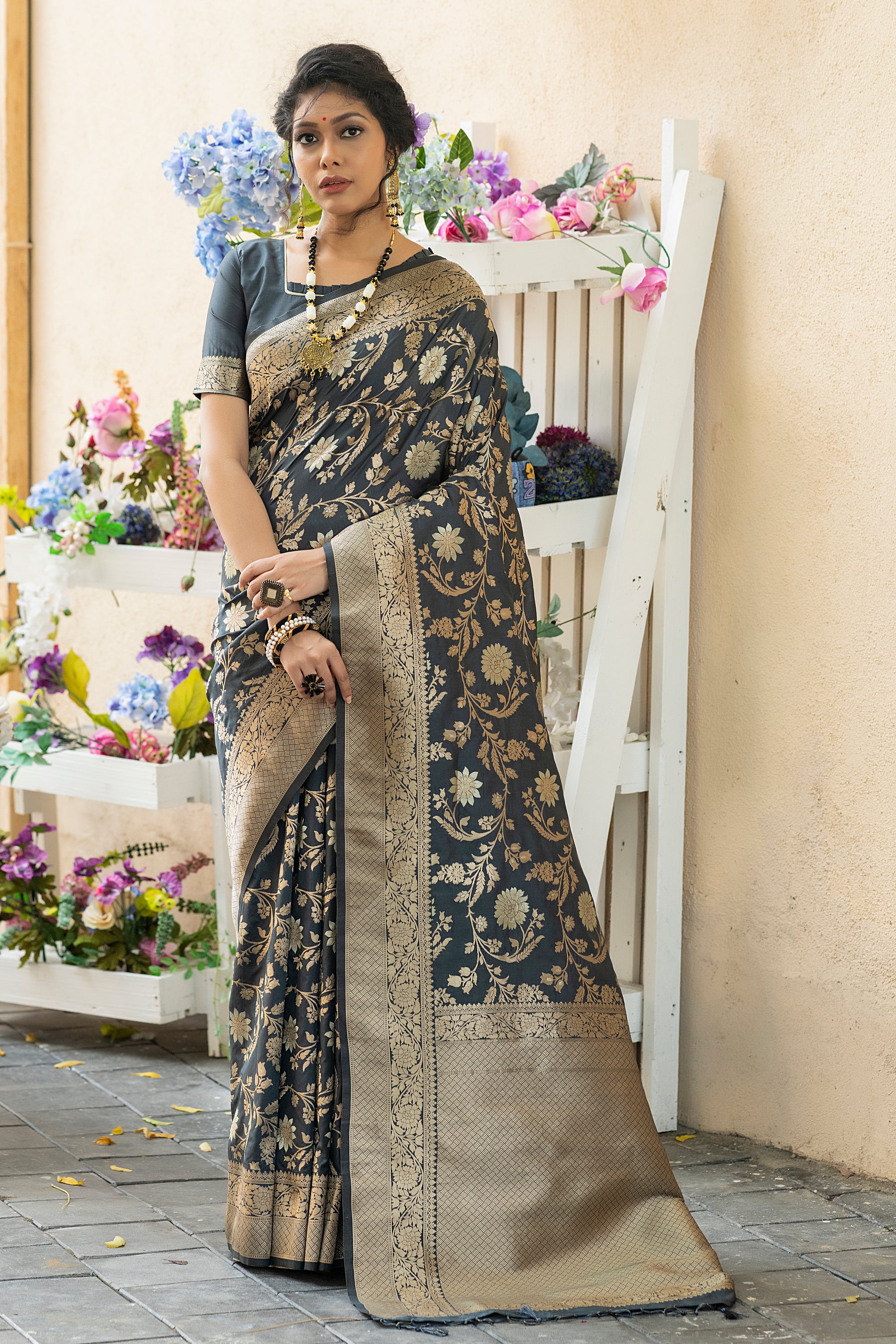 Buy MySilkLove Cabbage Pont Grey Woven Banarasi Silk Saree Online