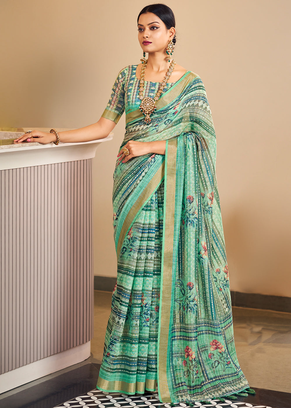 Buy MySilkLove Silver Tree Green Linen Saree with Digital Print Online