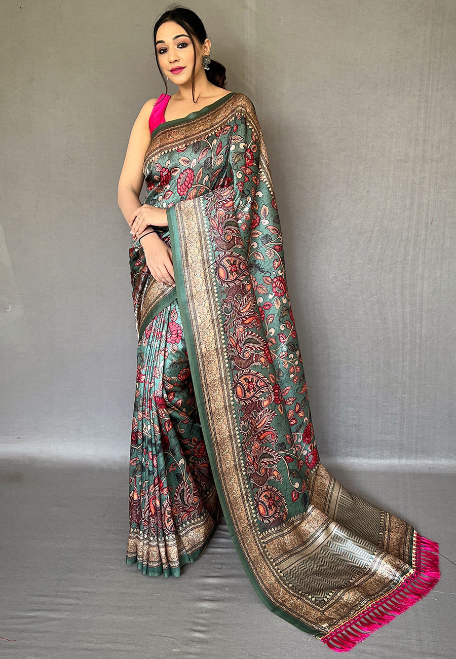 Buy MySilkLove Smoke Green Soft Kalamkari Printed Silk Saree Online