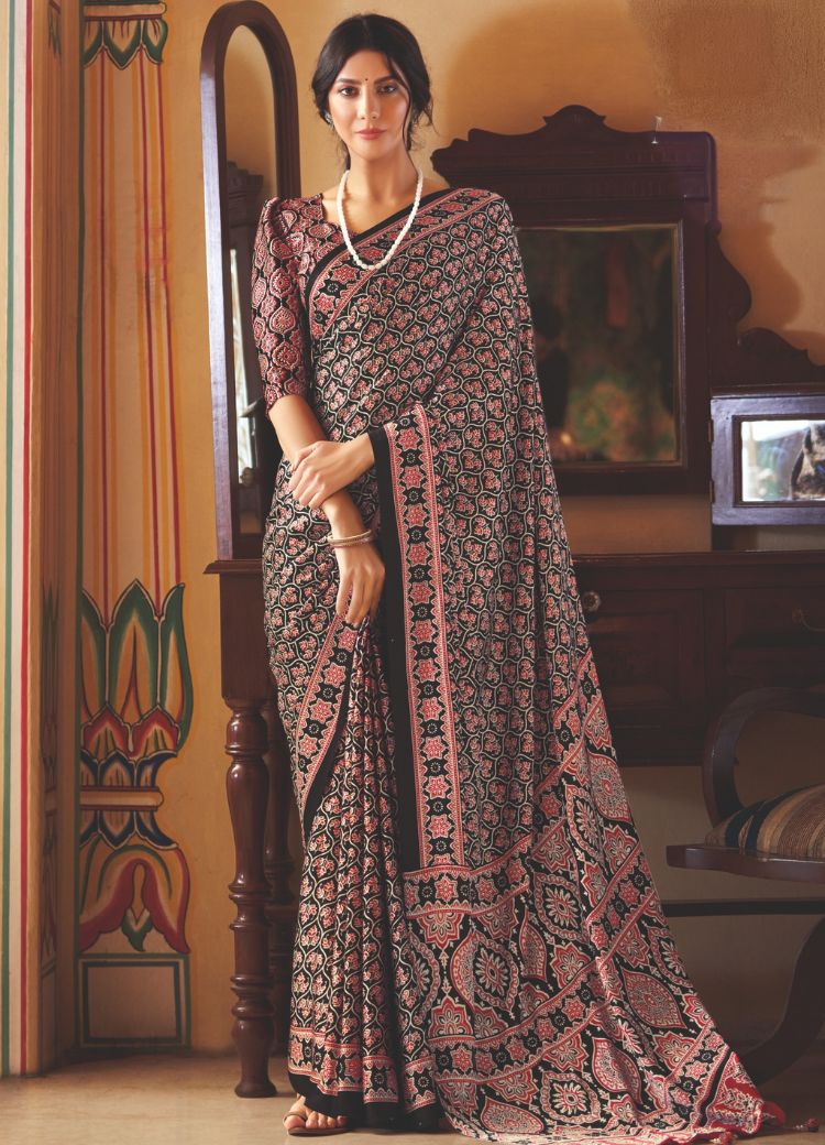 Buy MySilkLove Roman Coffee Brown Ajrakh Printed Satin Crepe Saree Online